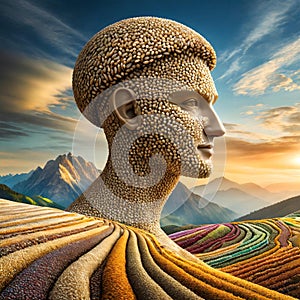 various grains forming a 3d human being in environment