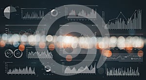 Various graphs and charts display complex data visualizations on a dark background.