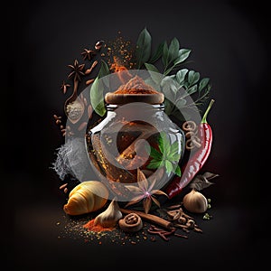 Various Great Spices 3D Rendering on Dark Background AI Generated