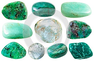 Various green beryl and aquamarine gem stones