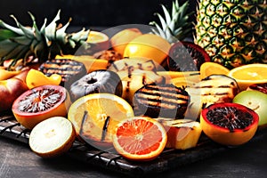 Various grilled fruits lie on a large dish, selective focus. May holidays concept of vegetarian fruit barbecue, party