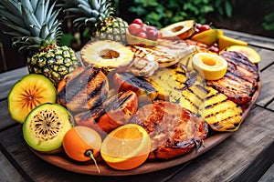 Various grilled fruits lie on a large dish, selective focus. May holidays concept of vegetarian fruit barbecue, party