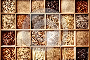 Various groats legumes, grains. Many types of cereals collected together. Agriculture and healthy eating concept. Close-up.