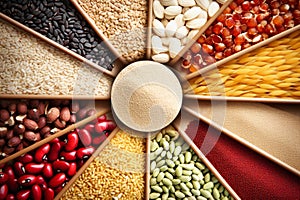 Various groats legumes, grains. Many types of cereals collected together. Agriculture and healthy eating concept. Close-up.