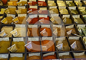 Various ground spices on sale in the Cours Saleya Market in the old town of Nice, France