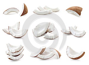 Various groups of fresh coconut pieces on white background