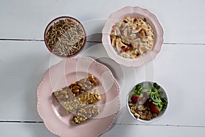 Various healthy breakfast on white background