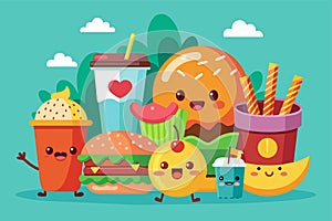 Various healthy and fast food items arranged on a vibrant blue background, Healthy food vs fast food Customizable Cartoon