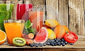 Various healthy juices on table