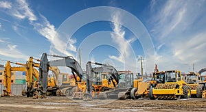 Various heavy construction vehicles, such as excavators, diggers, earthmovers, and bulldozers