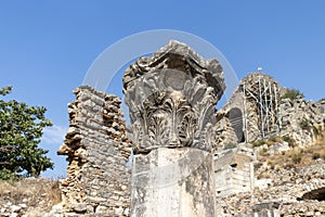 Various Hellenistic Greek column capitals in varieties in the open air museums of Turkey, Izmir and Ephesus.