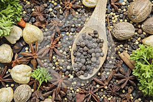 Various herbs and spices with black peppercorn