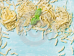 Various homemade fresh Italian pasta with flour and basil