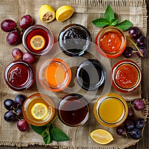 Various Homemade Jam Set, Pozzy Big Collection with Tea and Sliced Lemon on Rustic Tablecloth