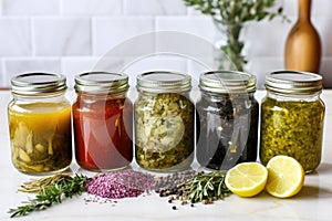 various homemade marinades in labelled jars