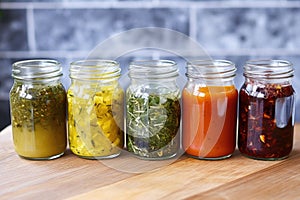 various homemade marinades in labelled jars