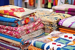 various homemade quilts displayed for sale at a market