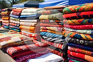 various homemade quilts displayed for sale at a market