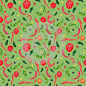 Various hot peppers watercolor seamless pattern isolated on green.