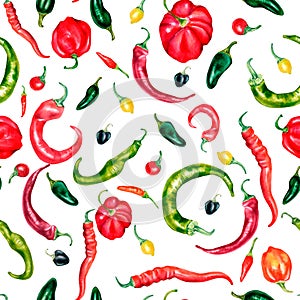 Various hot peppers watercolor seamless pattern isolated on white.