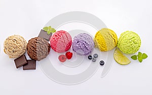 Various of ice cream flavor ball blueberry ,lime ,pistachio ,almond ,orange ,chocolate and vanilla isolate on white background .