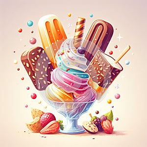 Various of ice cream flavor in cones blueberry ,strawberry ,pistachio ,almond ,orange and cherry setup on dark stone background .