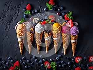 Various of ice cream flavor in cones blueberry ,strawberry ,pistachio ,almond ,orange and cherry setup on dark stone background .