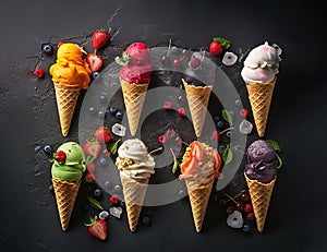 Various of ice cream flavor in cones blueberry ,strawberry ,pistachio ,almond ,orange and cherry setup on dark stone background .