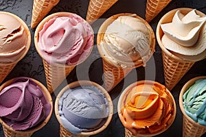 Various of ice cream flavor in cones blueberry ,strawberry ,pistachio ,almond ,orange and cherry setup on dark stone background .