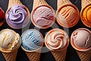 Various of ice cream flavor in cones blueberry ,strawberry ,pistachio ,almond ,orange and cherry setup on dark stone background .