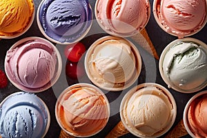 Various of ice cream flavor in cones blueberry ,strawberry ,pistachio ,almond ,orange and cherry setup on dark stone background .