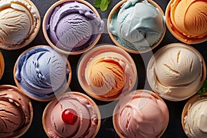 Various of ice cream flavor in cones blueberry ,strawberry ,pistachio ,almond ,orange and cherry setup on dark stone background .