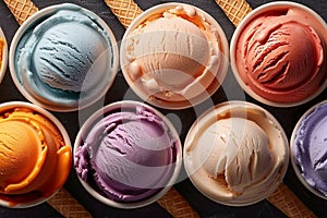 Various of ice cream flavor in cones blueberry ,strawberry ,pistachio ,almond ,orange and cherry setup on dark stone background .