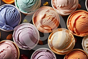 Various of ice cream flavor in cones blueberry ,strawberry ,pistachio ,almond ,orange and cherry setup on dark stone background .