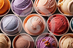 Various of ice cream flavor in cones blueberry ,strawberry ,pistachio ,almond ,orange and cherry setup on dark stone background .