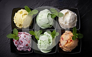 Various of ice cream flavor in cones blueberry ,strawberry ,pistachio ,almond ,orange and cherry setup on dark stone background .