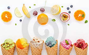 Various of ice cream flavor in cones blueberry ,strawberry ,pistachio ,almond ,orange and cherry setup on white wooden background