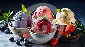 Various of ice cream flavor whit fresh blueberry, strawberry, kiwi, lemon, vanilla setup on beach background . Summer cold ice