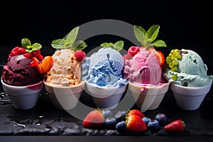 Various of ice cream flavor whit fresh blueberry, strawberry, kiwi, lemon, vanilla setup on rustic background . Summer