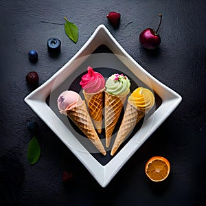 various ice cream flavors in cones