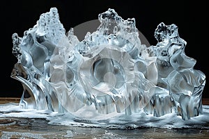 Various ice sculptures are displayed on top of a wooden table