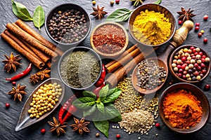 Various Indian Spices on Black Stone Table