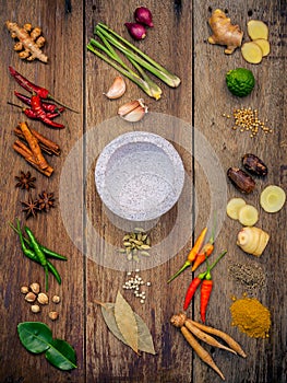 Various of Indian spices and herbs. Cooking ingredients and red