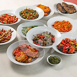 various Indonesian West Sumatran specialties with dominant spicy seasoning