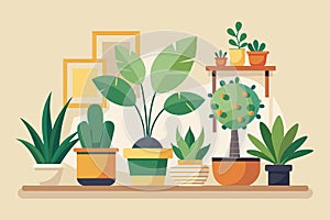 Various indoor plants displayed neatly on a shelf in a customizable semi-flat illustration, Indoor plants Customizable Semi Flat