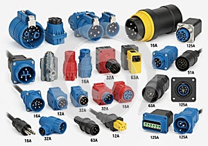 Various industrial electrical connectors of different sizes and configurations are displayed