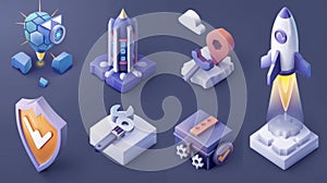 Various isometric icons, rocket takeoff, cloud download and upload, arrow column chart, shield, check mark and wrench