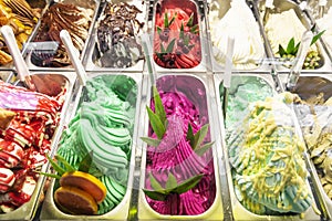 Various italian gelato ice cream flavours in modern shop display