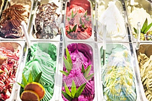 Various italian gelato ice cream flavours in modern shop display