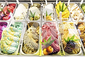 Various italian gelato ice cream flavours in modern shop display